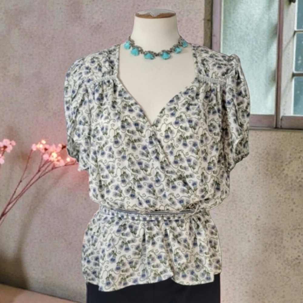 Max Studio Floral Faux Wrap Peplum Top • Cottagecore Prairie Womens Size Large